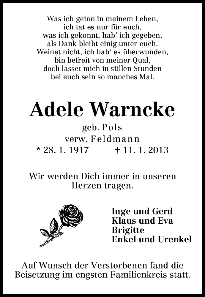 Traueranzeige von Adele Warncke von WESER-KURIER