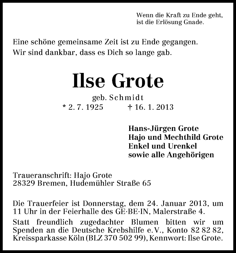 Traueranzeige von Ilse Grote von WESER-KURIER
