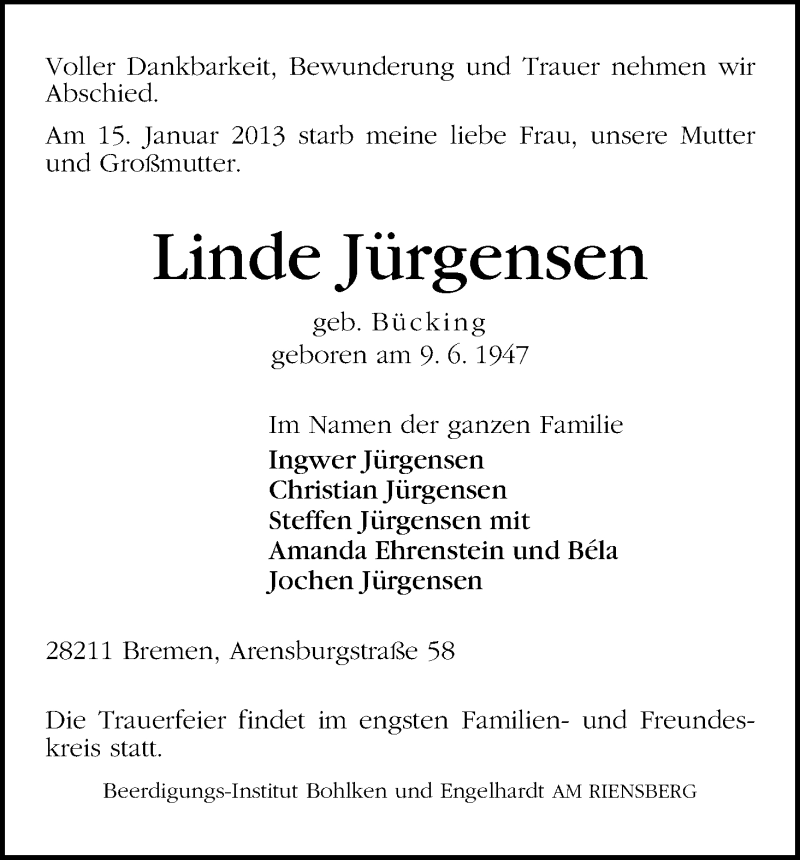 Traueranzeige von Linde Jürgensen von WESER-KURIER