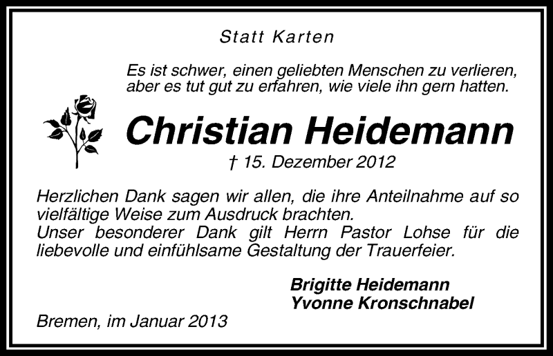 Traueranzeige von Christian Heidemann von WESER-KURIER