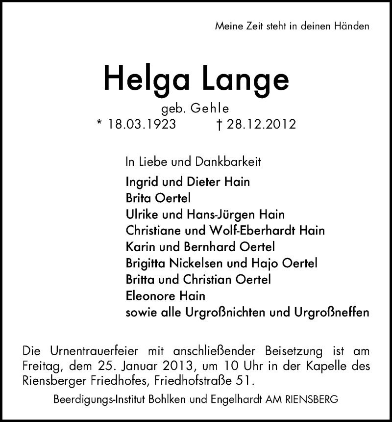 Traueranzeige von Helga Lange von WESER-KURIER