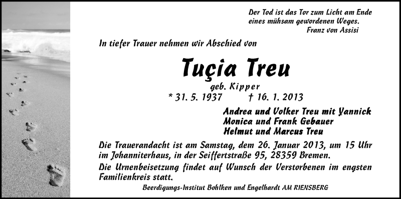 Traueranzeige von Tucica Treu von WESER-KURIER