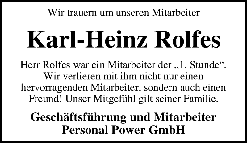 Traueranzeige von Karl-Heinz Rolfes von WESER-KURIER
