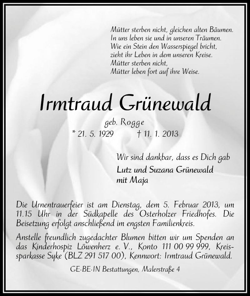 Traueranzeige von Irmtraud Grünewald von WESER-KURIER