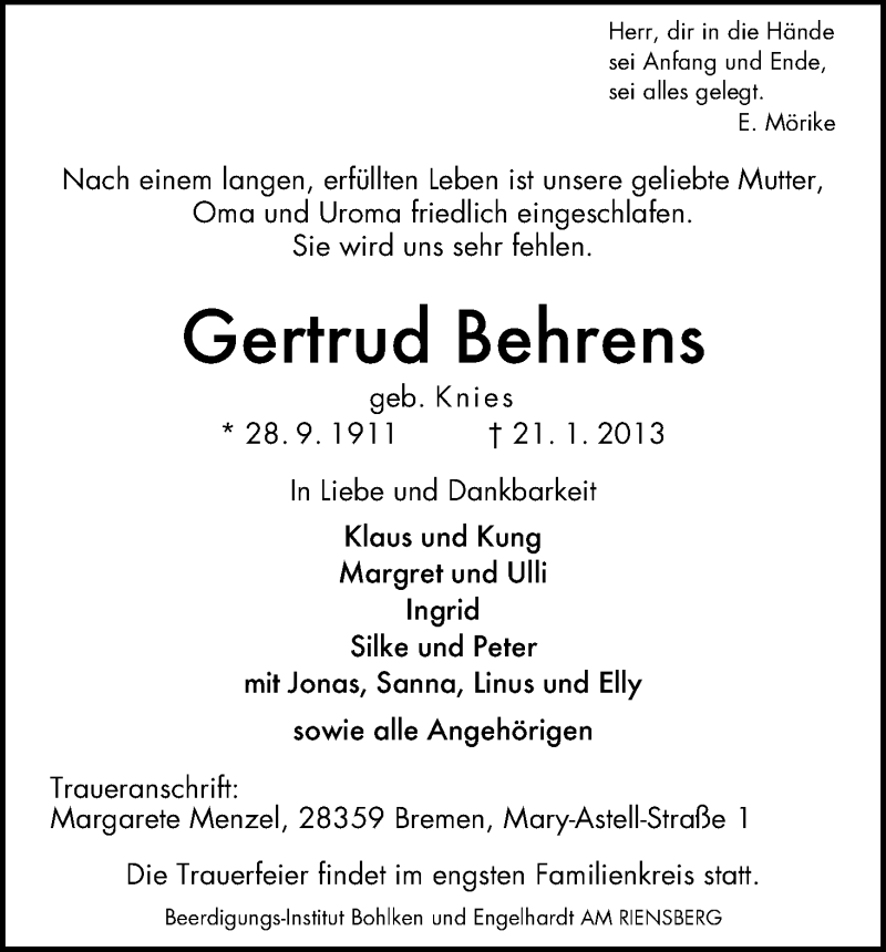 Traueranzeige von Gertrud Behrens von WESER-KURIER