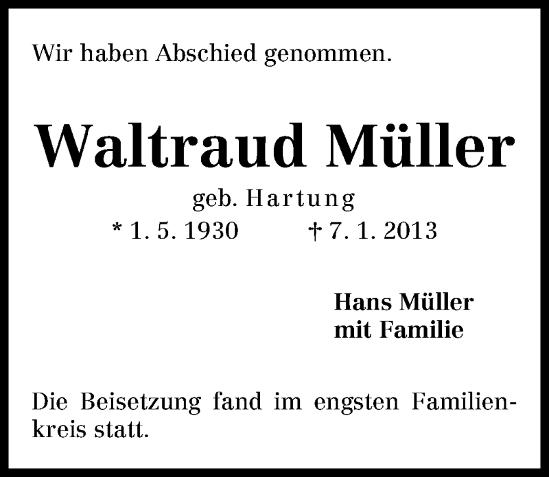 Traueranzeige von Waltraud Müller von WESER-KURIER