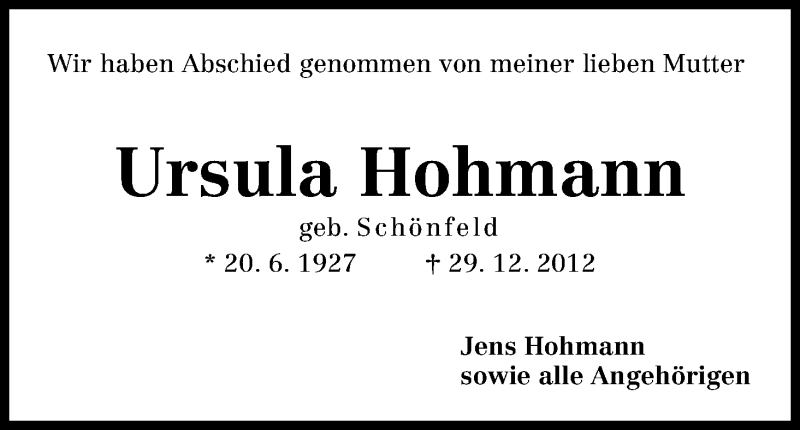 Traueranzeige von Ursula Hohmann von WESER-KURIER