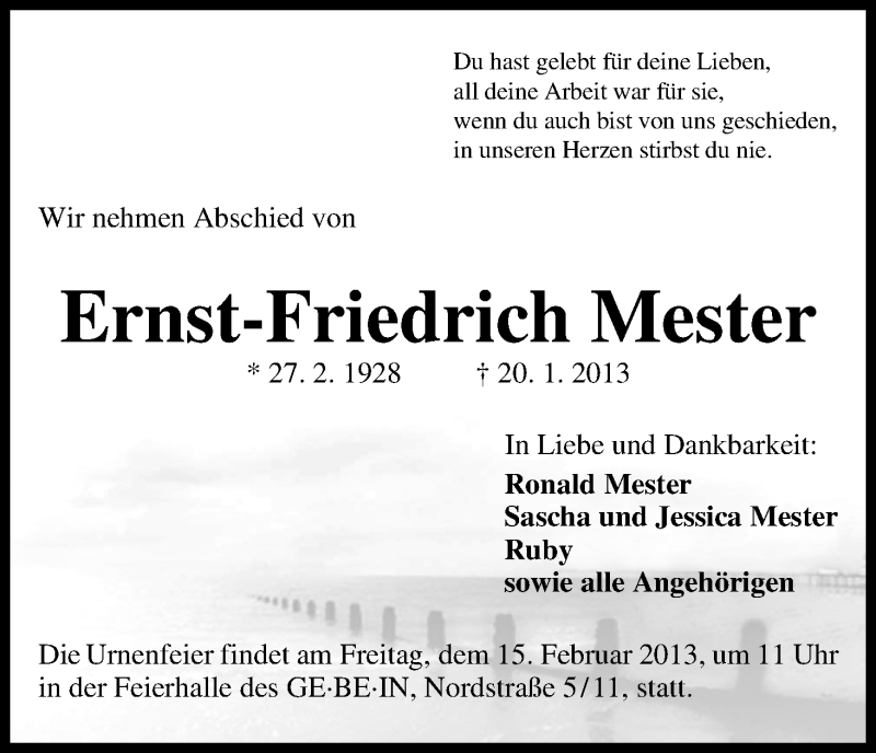 Traueranzeige von Ernst-Friedrich Mester von WESER-KURIER