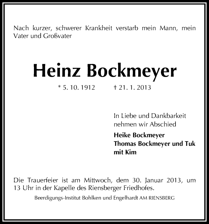 Traueranzeige von Heinz Bockmeyer von WESER-KURIER