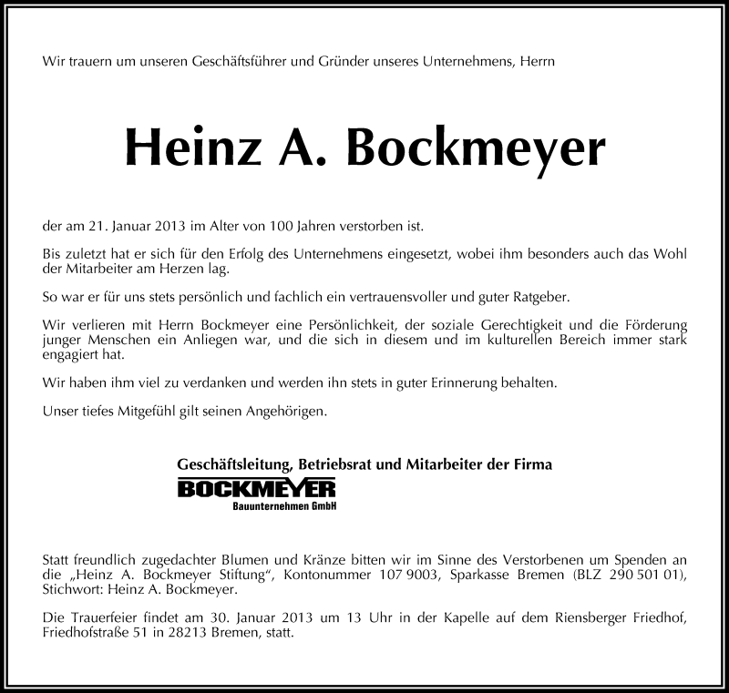 Traueranzeige von Heinz Bockmeyer von WESER-KURIER