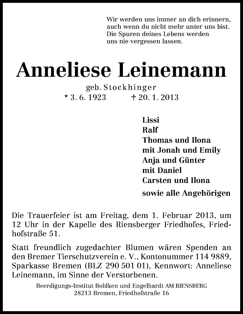 Traueranzeige von Anneliese Leinemann von WESER-KURIER
