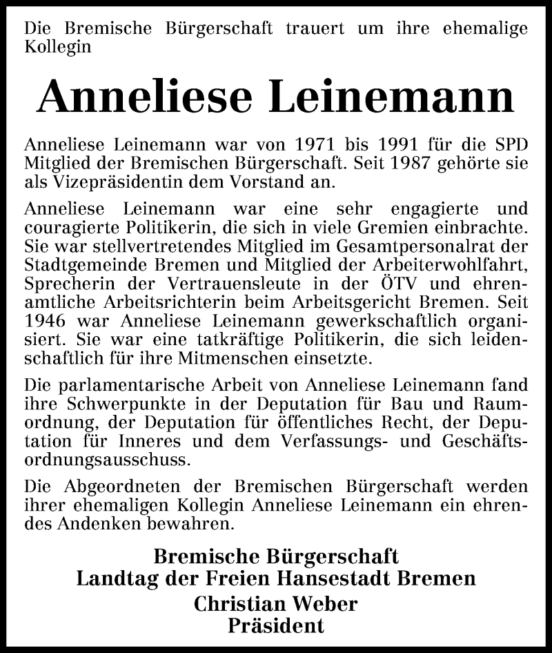Traueranzeige von Anneliese Leinemann von WESER-KURIER