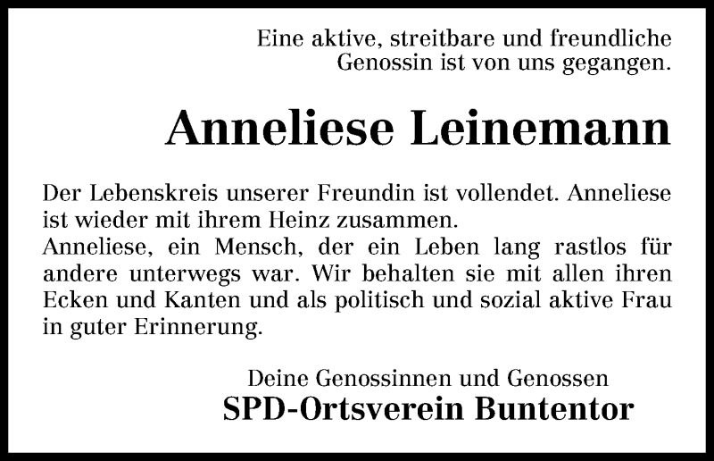 Traueranzeige von Anneliese Leinemann von WESER-KURIER