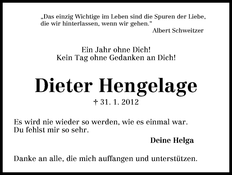 Traueranzeige von Dieter Hengelage von WESER-KURIER