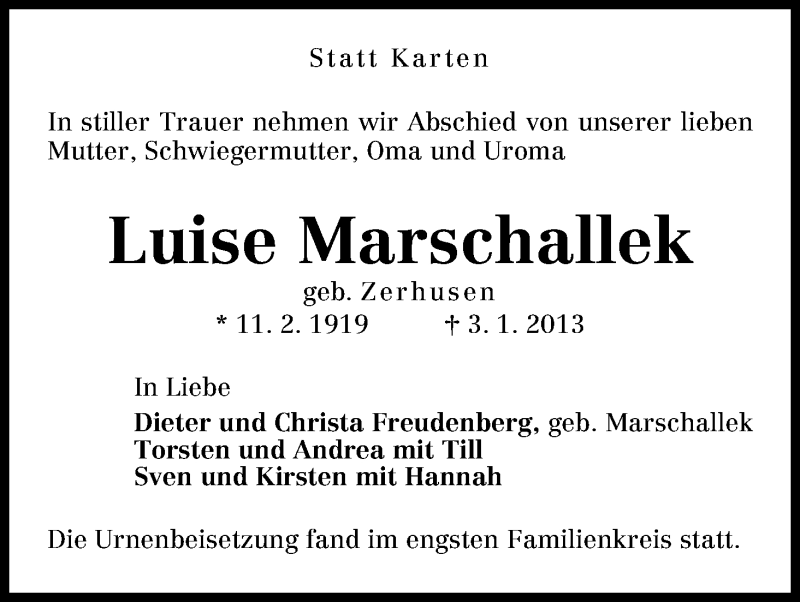 Traueranzeige von Luise Marschallek von WESER-KURIER
