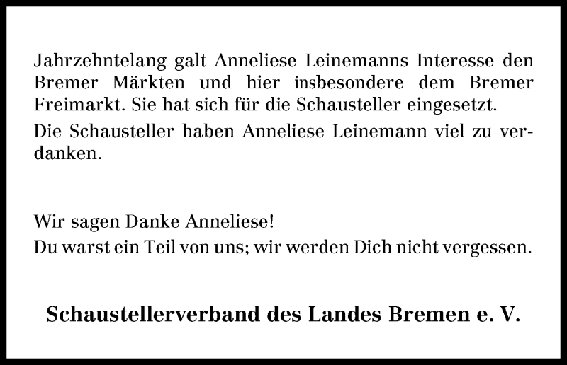 Traueranzeige von Anneliese Leinemann von WESER-KURIER