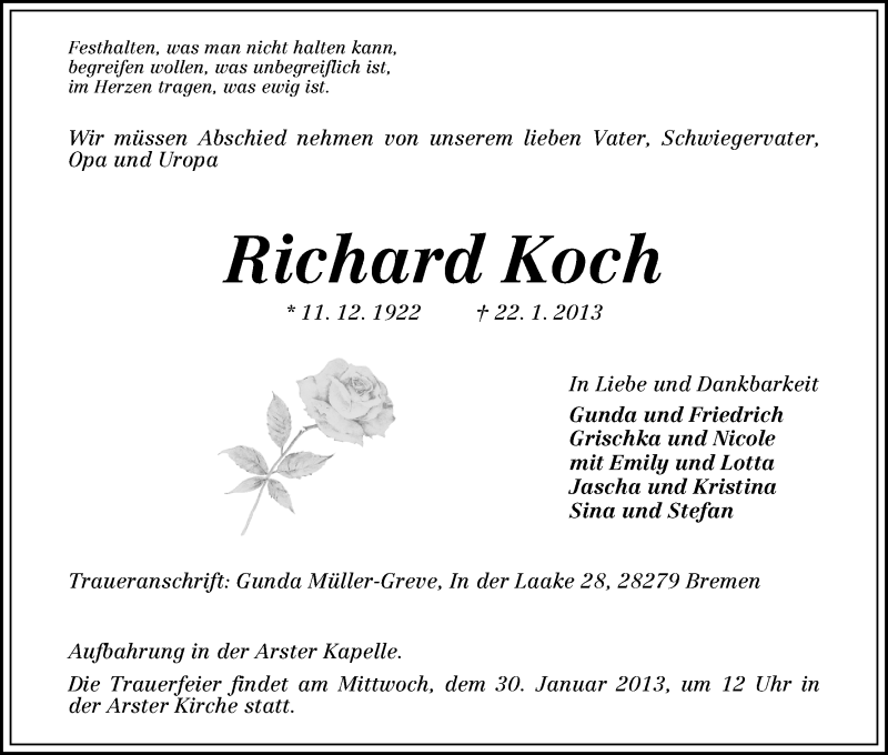 Traueranzeige von Richard Koch von WESER-KURIER