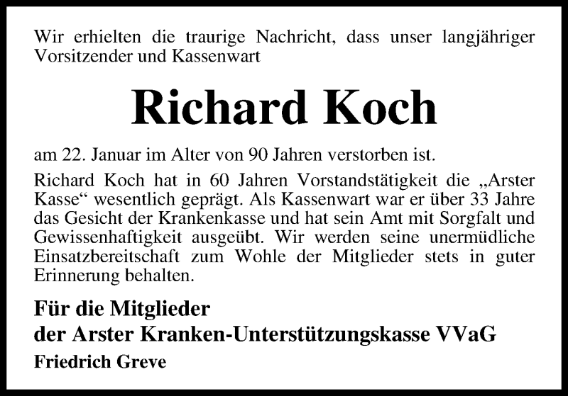 Traueranzeige von Richard Koch von WESER-KURIER