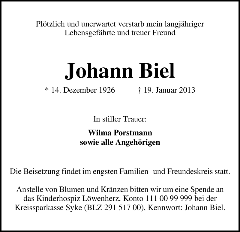 Traueranzeige von Johann Biel von WESER-KURIER
