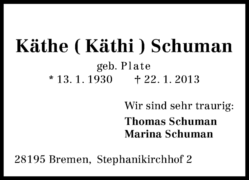 Traueranzeige von Käthe Schumann von WESER-KURIER