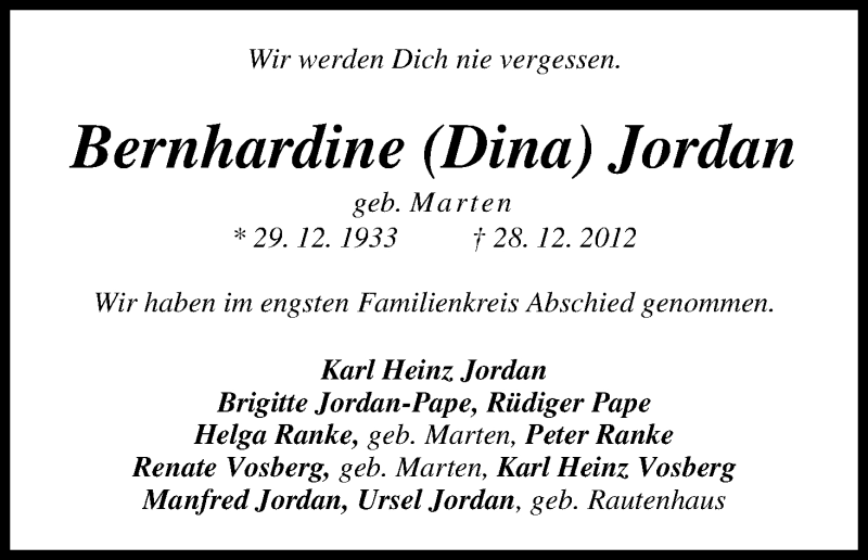 Traueranzeige von Bernhardine Jordan von WESER-KURIER