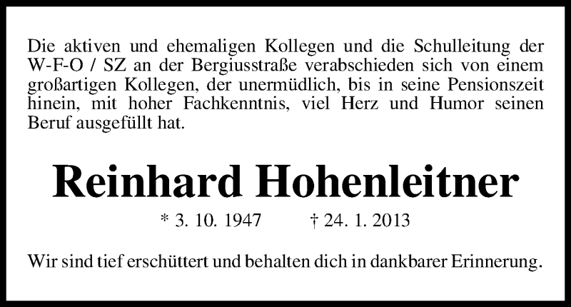 Traueranzeige von Reinhard Hohenleitner von WESER-KURIER