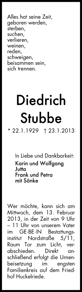 Traueranzeige von Dietrich Stubbe von WESER-KURIER