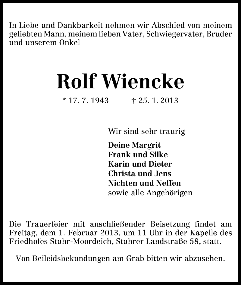 Traueranzeige von Rolf Wiencke von WESER-KURIER