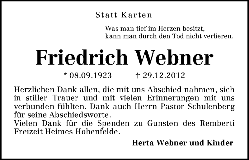 Traueranzeige von Friedrich Webner von WESER-KURIER