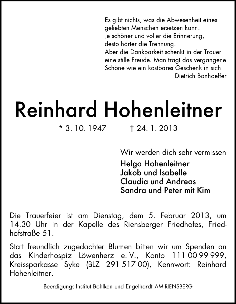 Traueranzeige von Reinhard Hohenleitner von WESER-KURIER