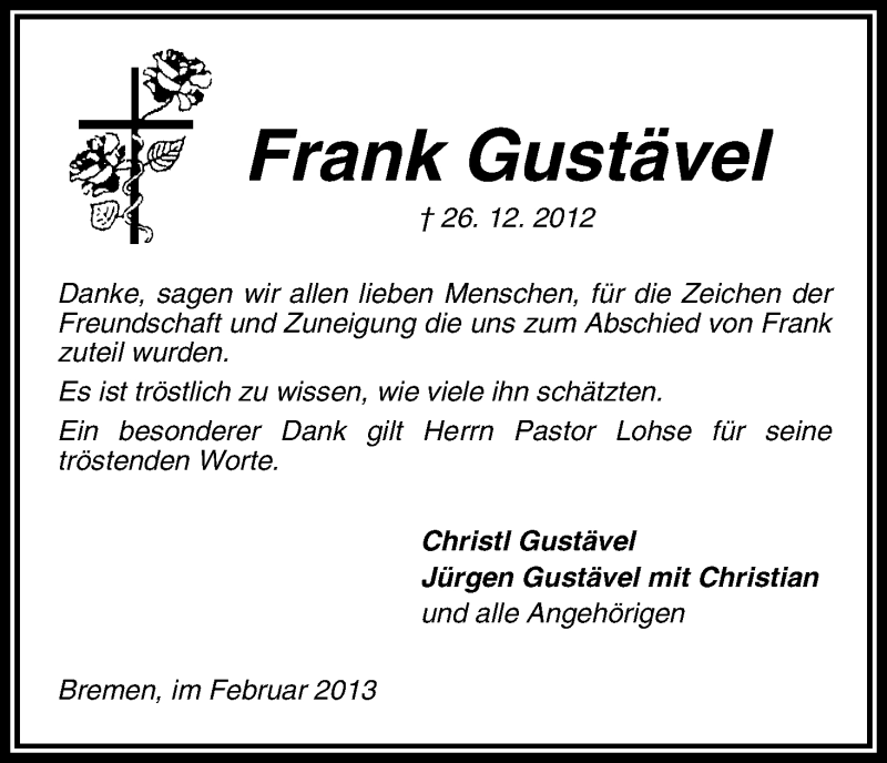 Traueranzeige von Frank Gustävel von WESER-KURIER