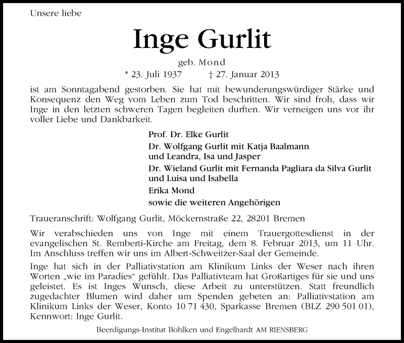 Traueranzeige von Inge Gurlit von WESER-KURIER