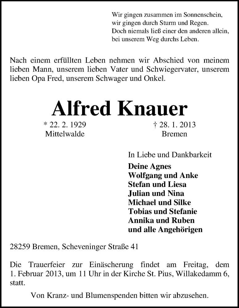 Traueranzeige von Alfred Knauer von WESER-KURIER