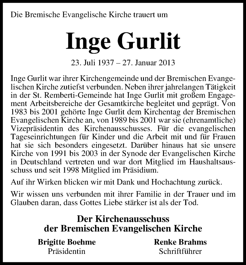 Traueranzeige von Inge Gurlit von WESER-KURIER