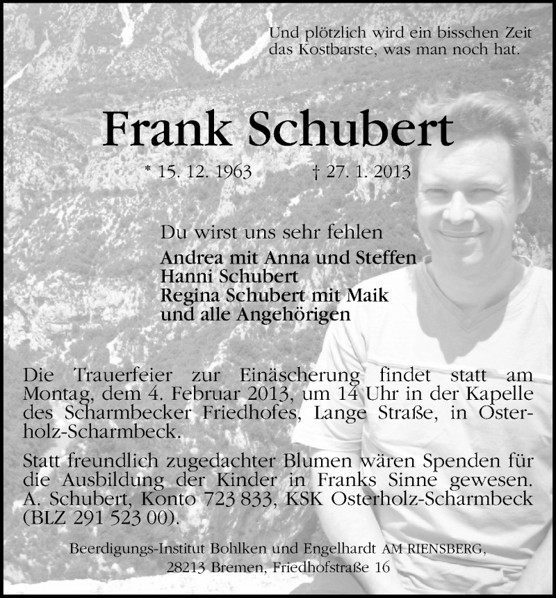 Traueranzeige von Frank Schubert von WESER-KURIER