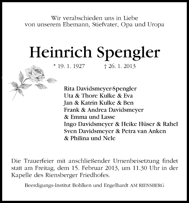 Traueranzeige von Heinrich Spengler von WESER-KURIER