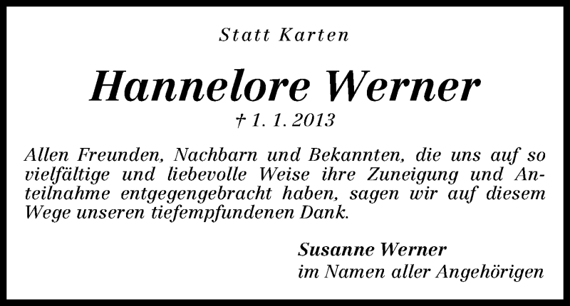 Traueranzeige von Hannelore Werner von WESER-KURIER