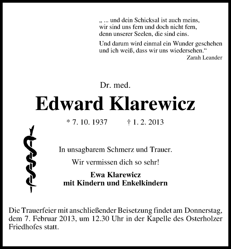 Traueranzeige von Edward Klarewicz von WESER-KURIER
