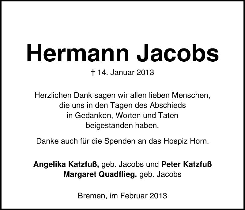 Traueranzeige von Hermann Jacobs von WESER-KURIER