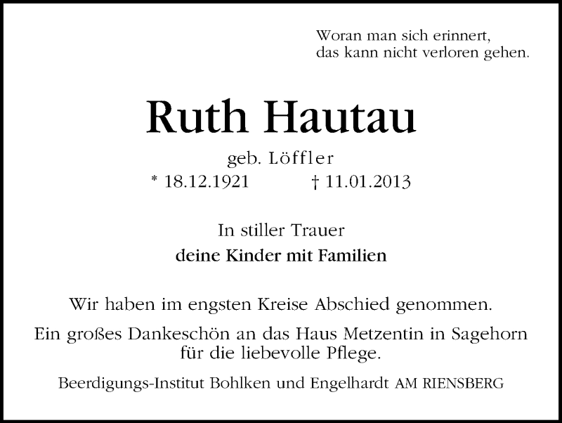Traueranzeige von Ruth Hautau von WESER-KURIER