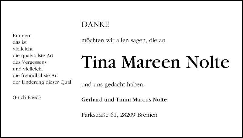 Traueranzeige von Tina Mareen Nolte von WESER-KURIER