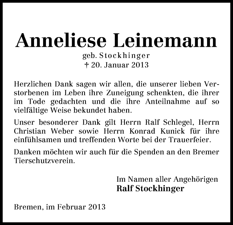 Traueranzeige von Anneliese Leinemann von WESER-KURIER