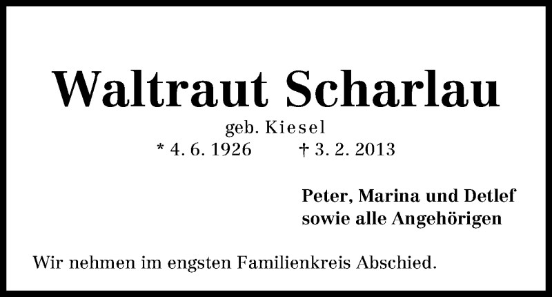 Traueranzeige von Waltraut Scharlau von WESER-KURIER