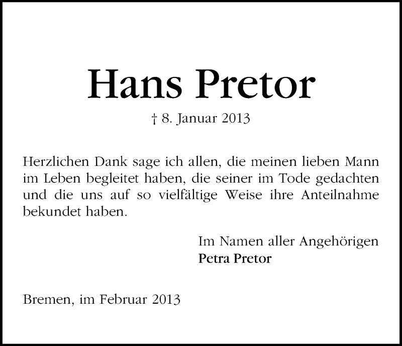 Traueranzeige von Hans Pretor von WESER-KURIER
