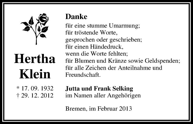 Traueranzeige von Hertha Klein von WESER-KURIER