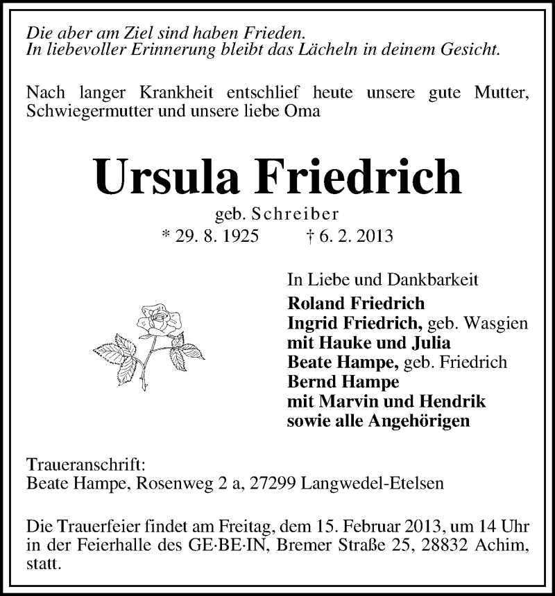 Traueranzeige von Ursula Friedrich von WESER-KURIER