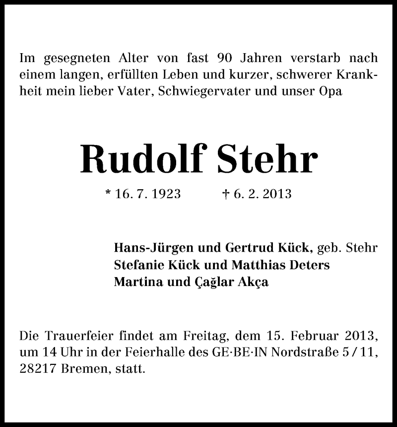 Traueranzeige von Rudolf Stehr von WESER-KURIER