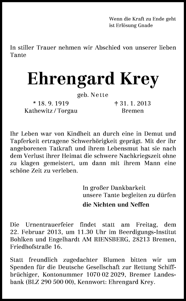 Traueranzeige von Ehrengard Krey von WESER-KURIER