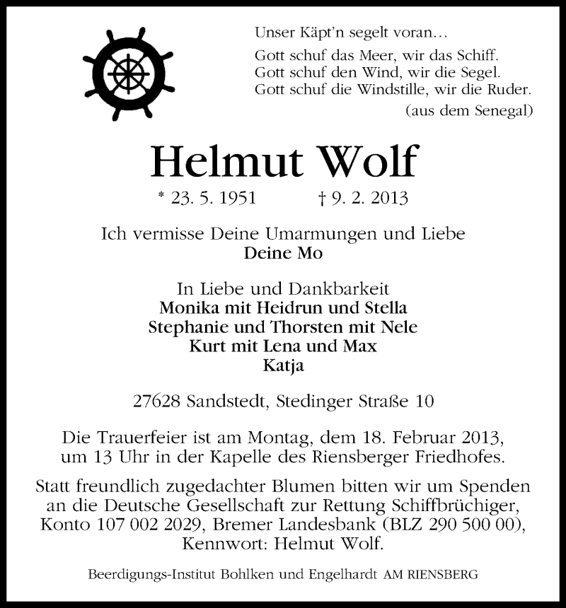 Traueranzeige von Helmut Wolf von WESER-KURIER