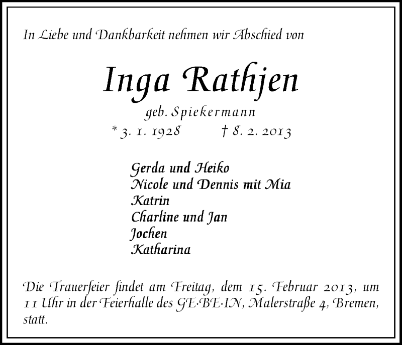 Traueranzeige von Inga Rathjen von WESER-KURIER